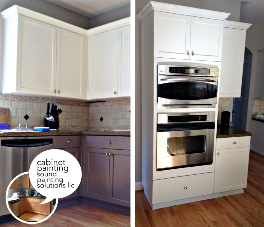 Side-by-side images of kitchen cabinets painted by Sound Painting Solutions with predominantly white cabinets but also lower cabinets painted in gray, showcasing a unique color scheme. A small photo of the "before" with wooden cabinets is also layered on top.