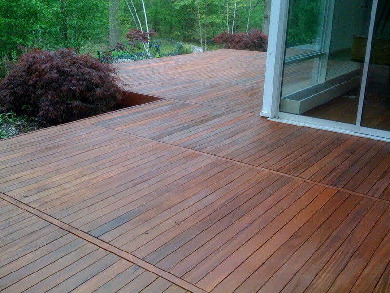 A stained wooden deck