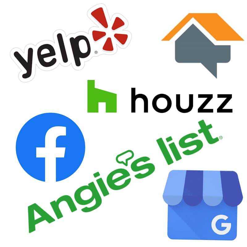 Logos of Yelp, HomeAdvisor, Houzz, Facebook, Angie's List, and Google My Business 