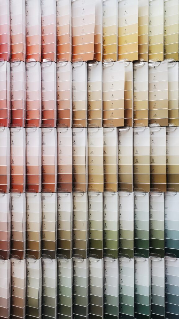 A wall of paint swatches