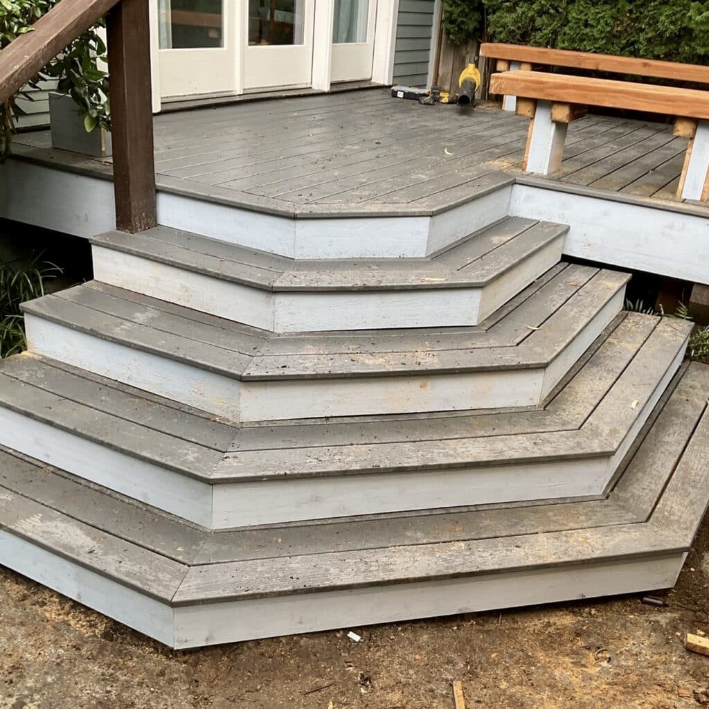 This is the completed deck and stair system built with composite materials.