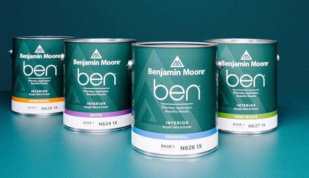 Benjamin Moore paint cans used by Sound Painting Solutions. 