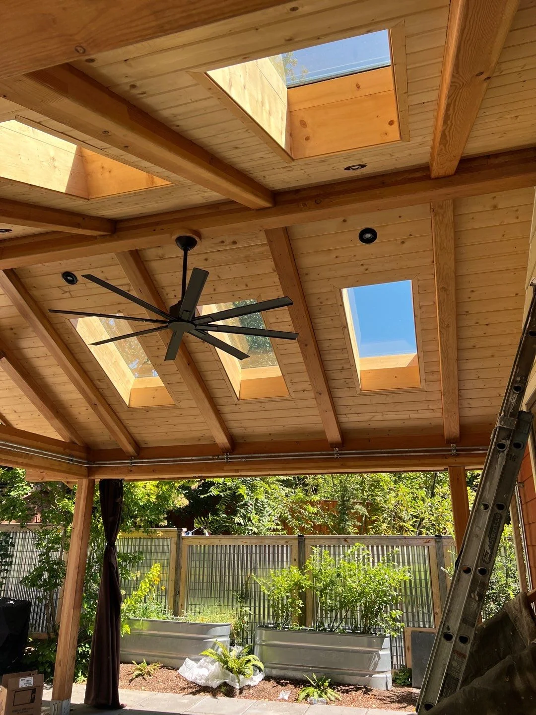 Exterior staining of an overhang
